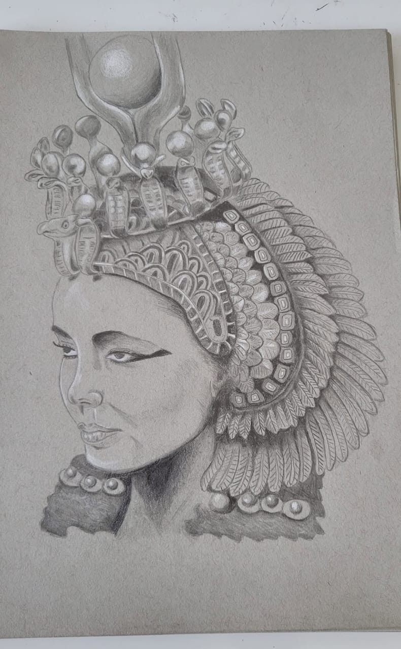 Detailed pencil sketch of a woman wearing an ornate feathered headdress with spherical ornaments